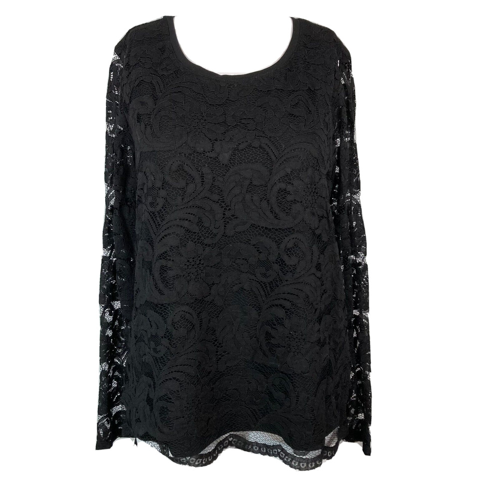 Chicos Shirt Women Sz 0 S 4 Black Knit Lace Overlay Long Sleeve Pullover Top Zip